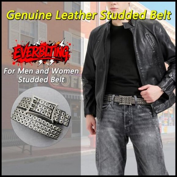 Genuine Leather Studded Belt Punk Rock Three Row Rivets